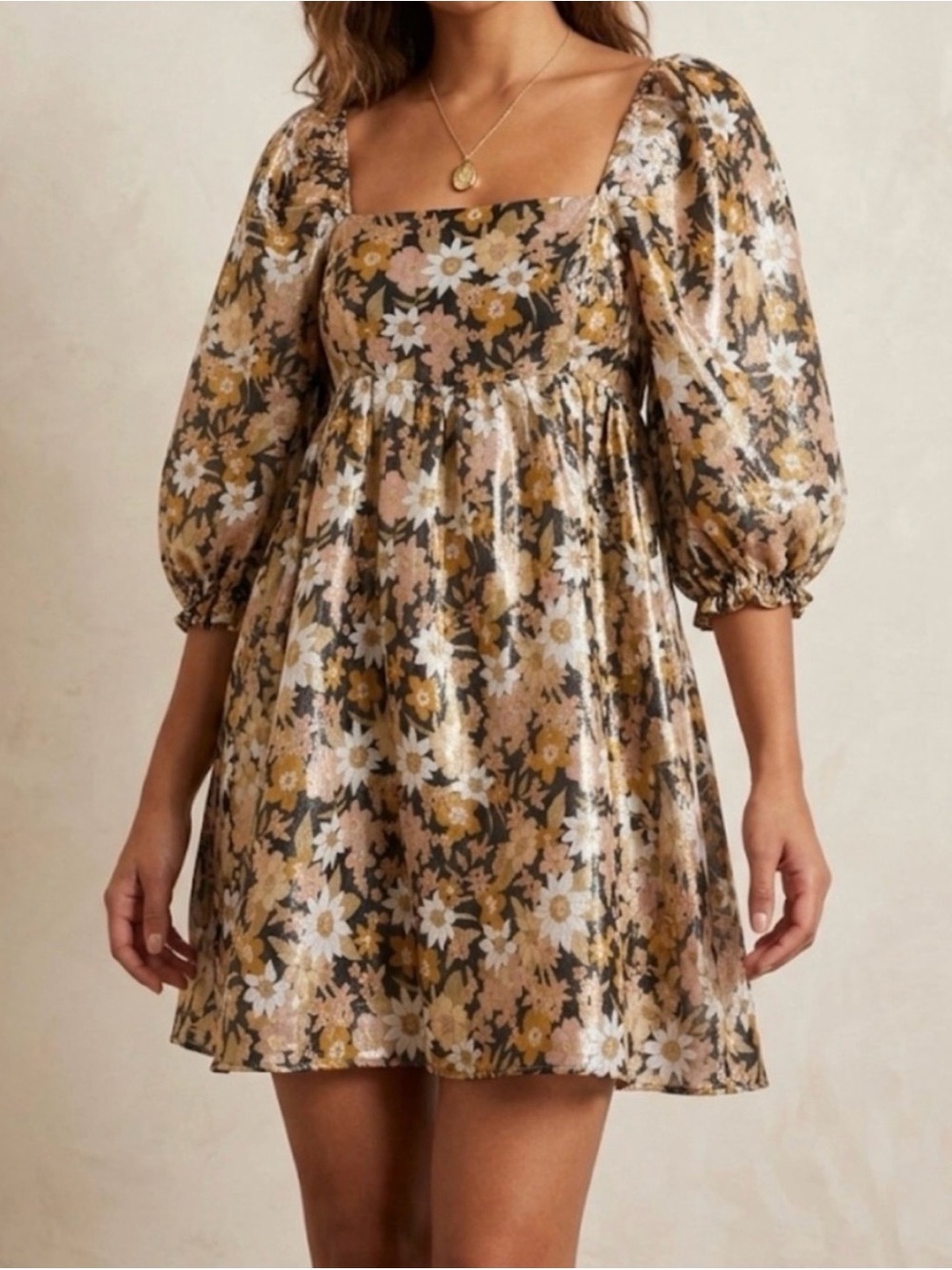 Storia Floral Square-Neck Puff Sleeve Mini Dress in Mustard & White